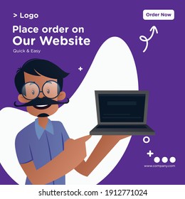 Place order on our website banner design. Tailor is showing laptop. Vector graphic illustration.