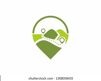 Place pointer Logo - a comfortable trip with beautiful mountain views. And find the destination from home to the destination. The position icon and logo vector location.