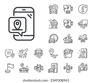 Place position sign. Plane, supply chain and place location outline icons. Pin marker line icon. Mobile phone Gps app symbol. Pin marker line sign. Taxi transport, rent a bike icon. Travel map. Vector