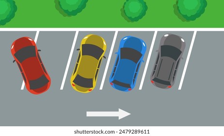 Lugar para aparcamiento público.Infracciones de aparcamiento.Coche rojo aparcado en la franja de división, vista superior. 