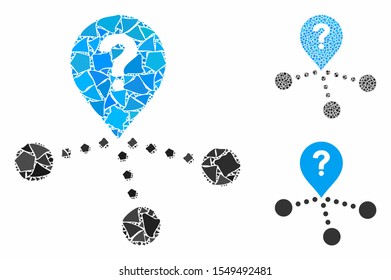 Place question composition of inequal pieces in various sizes and shades, based on place question icon. Vector trembly pieces are combined into collage.