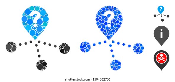 Place question mosaic of circle elements in various sizes and color tints, based on place question icon. Vector circle elements are united into blue mosaic.