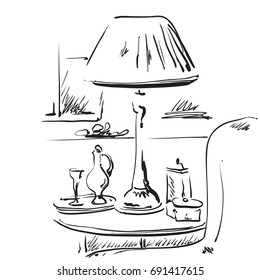 Place for reading with lamp. Interior sketch