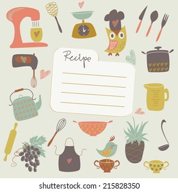 Place for recipe with kitchen attributes in cartoon style