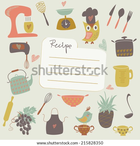 Place for recipe with kitchen attributes in cartoon style