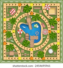 Place for rest. Lake. Infrastructure. Game board. View from above. Vector illustration. 