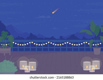 Place for romantic date on rooftop flat color vector illustration. Decorated roof in stagazing evening. Fully editable 2D simple cartoon landscape with comet in dark sky on background