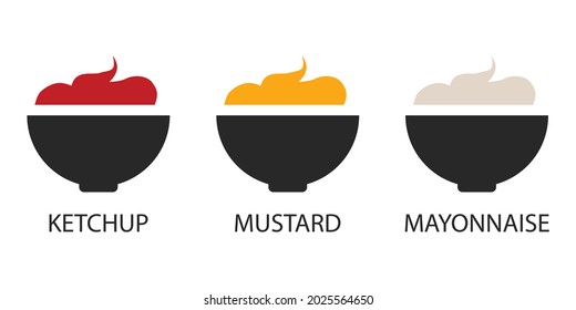 Place the sauce in a bowl. Mayonnaise, ketchup and mustard in serving bowls. Delicious additions to a variety of dishes. Vector illustration isolated on a white background for design and web.