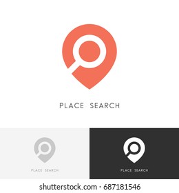 Place search logo - address pointer and loupe or magnifier symbol. Travel agency and location map vector icon.