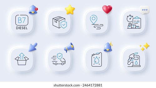 Place, Send box and Transport insurance line icons. Buttons with 3d bell, chat speech, cursor. Pack of Parcel insurance, Delivery report, Petrol station icon. Diesel, Canister pictogram. Vector