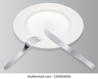 Place setting 3D vector illustration realistic empty plate with knife and fork isolated on gray background in isometric view on separate layers. Template for dishes on the menu restaurant, bar, сafe.