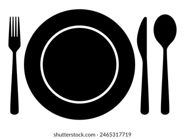 place setting cutlery - fork, knife, spoon and plate silhouette shape, black and white vector illustration, white background