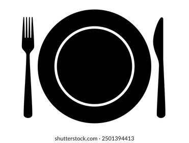 place setting cutlery - fork, knife, and plate silhouette shape, black and white vector illustration, white background