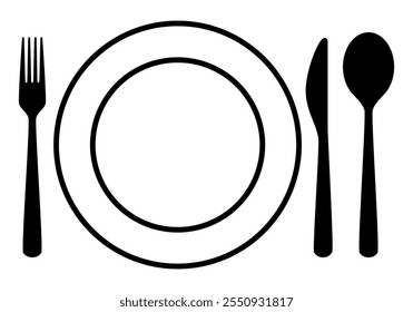 place setting cutlery - fork, knife, spoon and plate silhouette shape, black and white vector illustration, white background