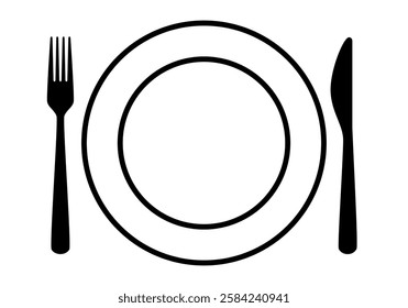 place setting cutlery - fork, knife, and plate silhouette shape, black and white vector illustration, white background