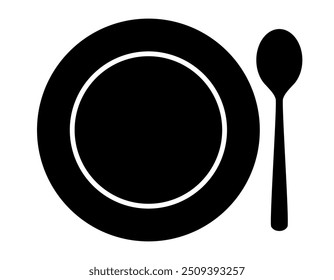 place setting cutlery - spoon and plate silhouette shape, black and white vector illustration, white background