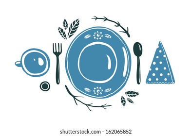 Place Setting Design with Plate Spoon Fork and Cup. Vector EPS8 illustration.