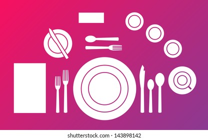 Place Setting Diagram For A Formal Dinner On Color Background. Vector Illustration.