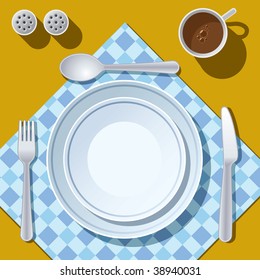 Place setting with plate, fork, spoon and knife