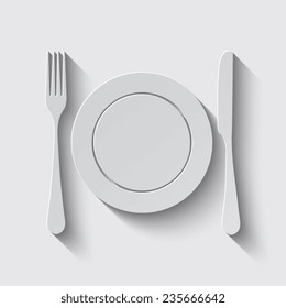 Place setting with plate, knife and fork with shadow on a grey background