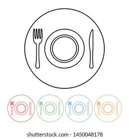 Place setting plate with silverwar icon outline in a thin line style vector construction plate fork and knife symbol sign with four color variations vector design element illustration