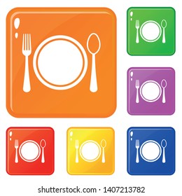 Place setting with plate,spoon and fork icons set collection vector 6 color isolated on white background