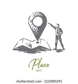 Place, sign, location, pin, map concept. Hand drawn man and navigation symbol on map concept sketch. Isolated vector illustration.