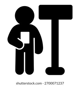 Coloque sinalética e voluntário homem ícone sólido, conceito de pesquisa de viagem. Gráficos vetoriais. Homem na prancha de estrada, sinal de localização no fundo branco, ícone de estilo de glifo para design móvel ou web
