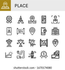place simple icons set. Contains such icons as Location, Medal, Eiffel tower, Placeholder, Gps, Treasure map, Place, Contact information, can be used for web, mobile and logo