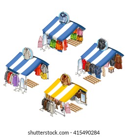 A place for street sales of jackets and fur coats. Isometric vector illustration.