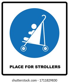 Place for strollers sign. Blue mandatory icon isolated on white. Vector illustration. Information symbol. Entrance for mothers with children