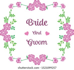 Place for text, bride and groom, with decor of purple rose flower frame. Vector