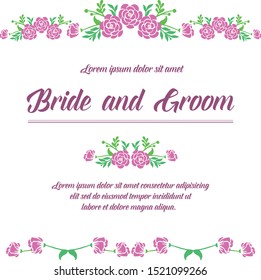 Place for text, bride and groom, with decor of purple rose flower frame. Vector