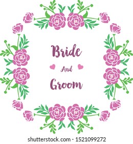 Place for text, bride and groom, with decor of purple rose flower frame. Vector