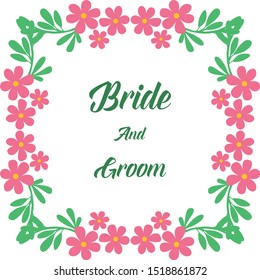 Place for text, bride and groom, romantic, with graphic of pink floral frame. Vector