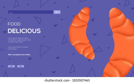 Lugar para texto, lugar para copiar. Volante de concepto croissant, banner web, encabezado ui, entrar en el sitio. Ilustración de diseño página deslizante moderna. Textura del grano y efecto de ruido.