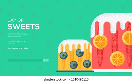 Place for text, place for copying. Desserts concept flyer, web banner, ui header, enter site. Layout illustration modern slider page. Grain texture and noise effect.