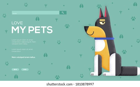 Place for text, place for copying. Dog concept flyer, web banner, ui header, enter site. Illustration modern slider page. Human friend vector illustration background. Grain texture and noise effect.