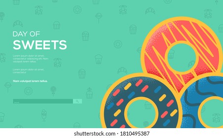 Place for text, place for copying. Doughnuts concept flyer, web banner, ui header, enter site. Layout illustration modern slider page. Grain texture and noise effect.
