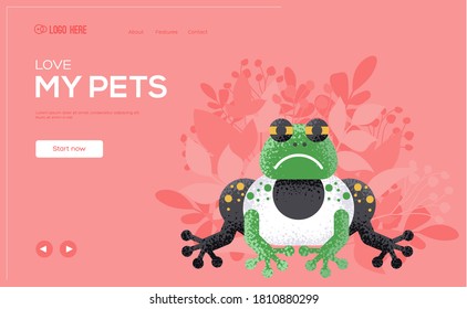 Place for text, place for copying. Frog concept flyer, web banner, ui header, enter site. Layout illustration modern slider page. Web page of the pet store. Grain texture and noise effect.