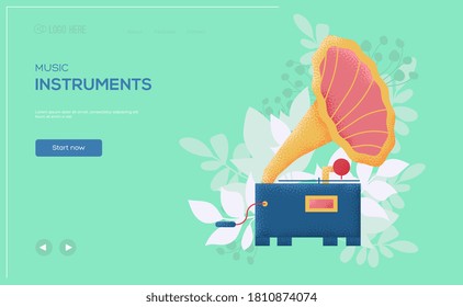 Place for text, place for copying. Gramophone concept flyer, web banner, ui header, enter site. Layout illustration modern slider page. Grain texture and noise effect.