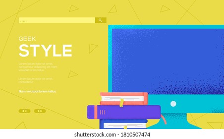 Place for text, place for copying. Monitor and books concept flyer, web banner, ui header, enter site. Layout illustration modern slider page. Grain texture and noise effect.