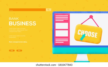 Place for text, place for copying. Monitor concept flyer, web banner, ui header, enter site. Layout illustration modern slider page. Grain texture and noise effect.