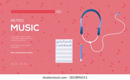 Place for text, place for copying. Notes and headphones concept flyer, web banner, ui header, enter site. Layout illustration modern slider page. Grain texture and noise effect.
