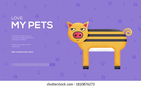 Place for text, place for copying. Pig concept flyer, web banner, ui header, enter site. Layout illustration modern slider page. Grain texture and noise effect.