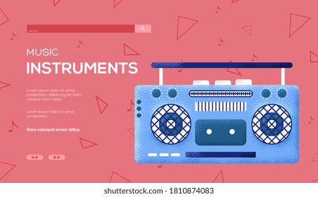 Place for text, place for copying. Tape recorder  concept flyer, web banner, ui header, enter site. Layout illustration modern slider page. Grain texture and noise effect.