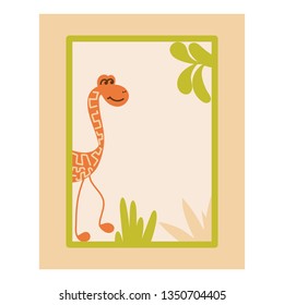 Place for text, frame. Funny giraffe, the leaves of plants. Vector illustration