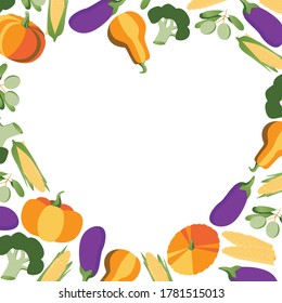 Place for text and heart made of vegetables, broccoli, pumpkin, corn, olives, eggplant isolated on a white background. Flat vector stock illustration with copy space as vegan eco cooking concept