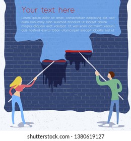 Place for text spring concept. young men and woman clean the wall with advertising text, article or information's ads