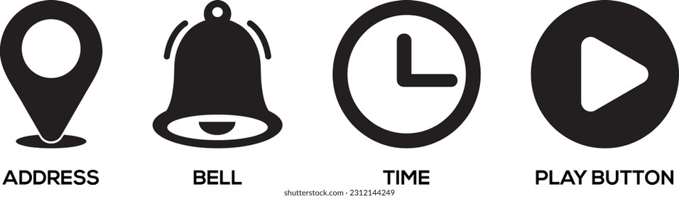 Iconos de línea de botón Place, Time, Bell Notification y Play. Puntero de ubicación de dirección y timbre de alarma. Alerta de notificación, programación comercial y reloj de hora de la oficina